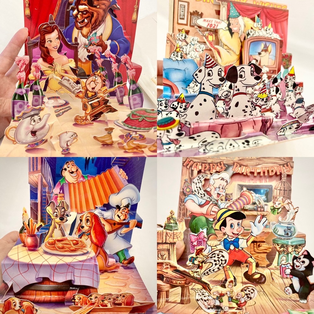 Vtg Disney 3D Pop-up Cards Ft. Beauty & the Beast, 101 Dalmatians, + More